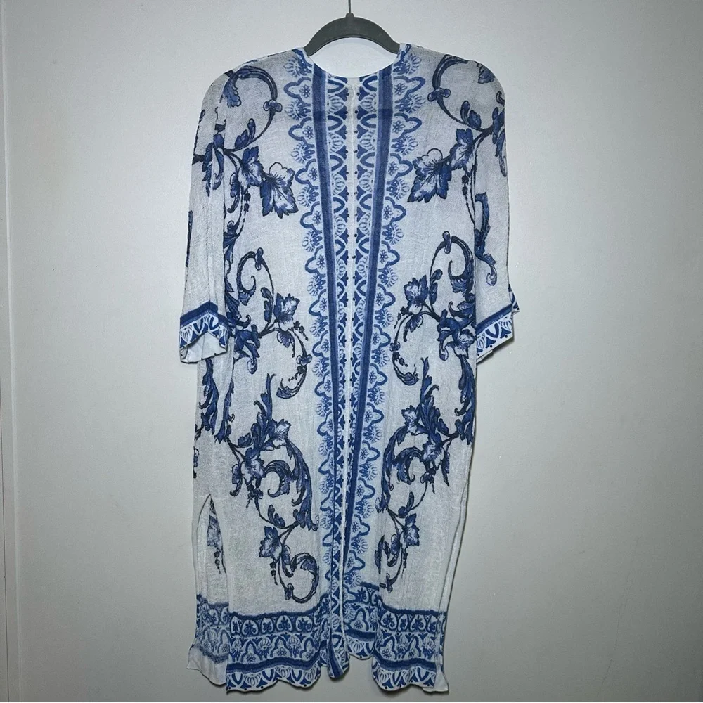 Chico’s Blue White Boho Lightweight Gauzy Longline Open Front Cardigan Kimono